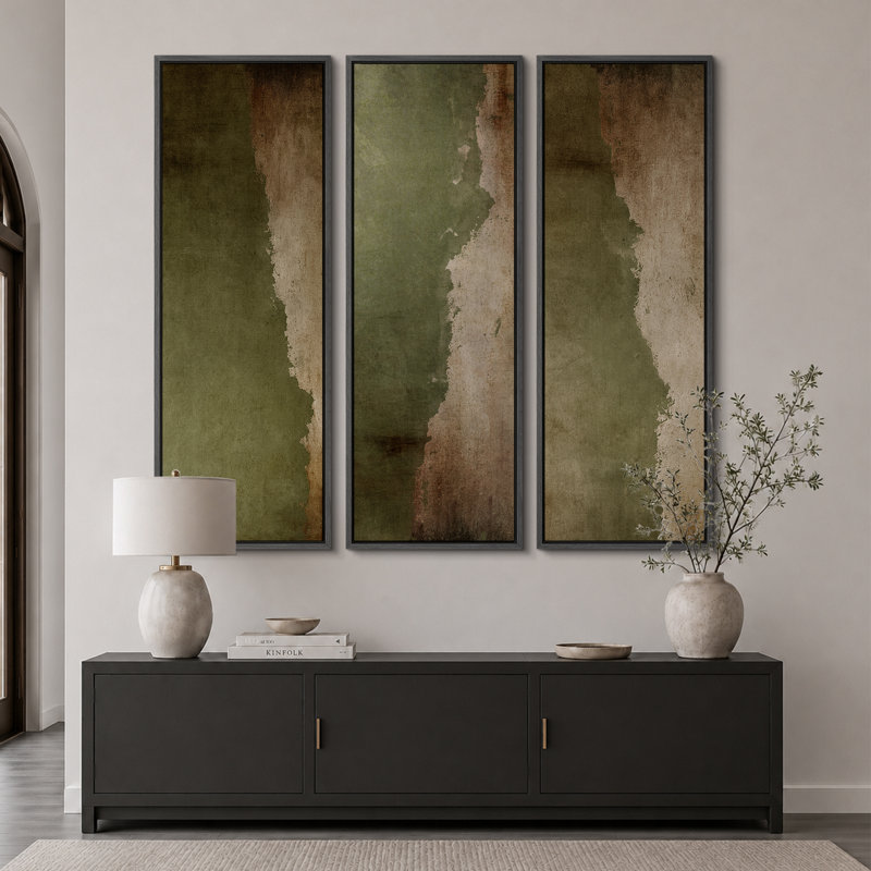 Subtile olive verte abstraite tons de terre triptyque - images très grandes impressions sur toile encadrées 3 pièces