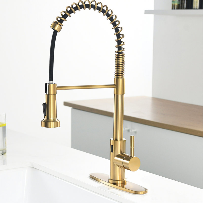 Hands Automatic Smart Faucet - Touchless With Modern Pull Down In Brushed Gold For Convenient Kitchen Use Stainless Steel 2-Inch Sensing Distance &