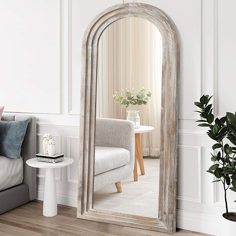 Dainah Arch Full Length Wall Mirror with Wood Frame, Weathered White, 71" x 31"