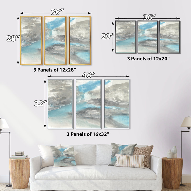 «Watercolor Minimal Blue Tones II», ensemble d'art mural moderne sur toile encadré de style Mid-Century, L 36 po x H 20 po