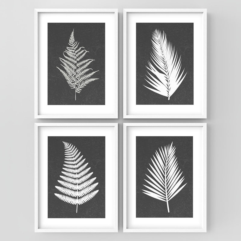 "Silhouettes botaniques blanches, fougère et feuilles de palmier, décor moderne" - 4 pièces, Blanc, H 14 po x l 11 po