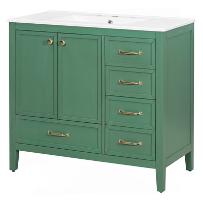 Meuble-lavabo 36 po avec lavabo, armoire de salle de bain avec porte à fermeture en douceur, 4 tiroirs de différentes tailles, structure et pieds en bois massif, un paquet, vert