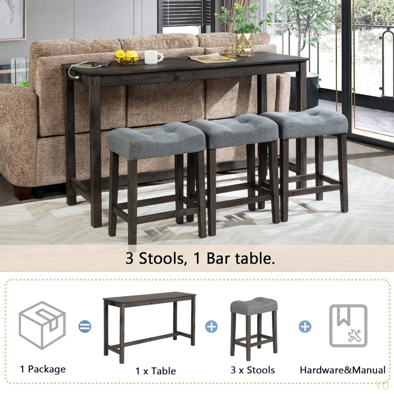 Ensemble de table de bar 4 pièces avec prise de courant, ensemble de table de bar avec chaises, table de bar avec tabourets, table de canapé avec 3 tabourets rembourrés, pour le salon, la salle à manger