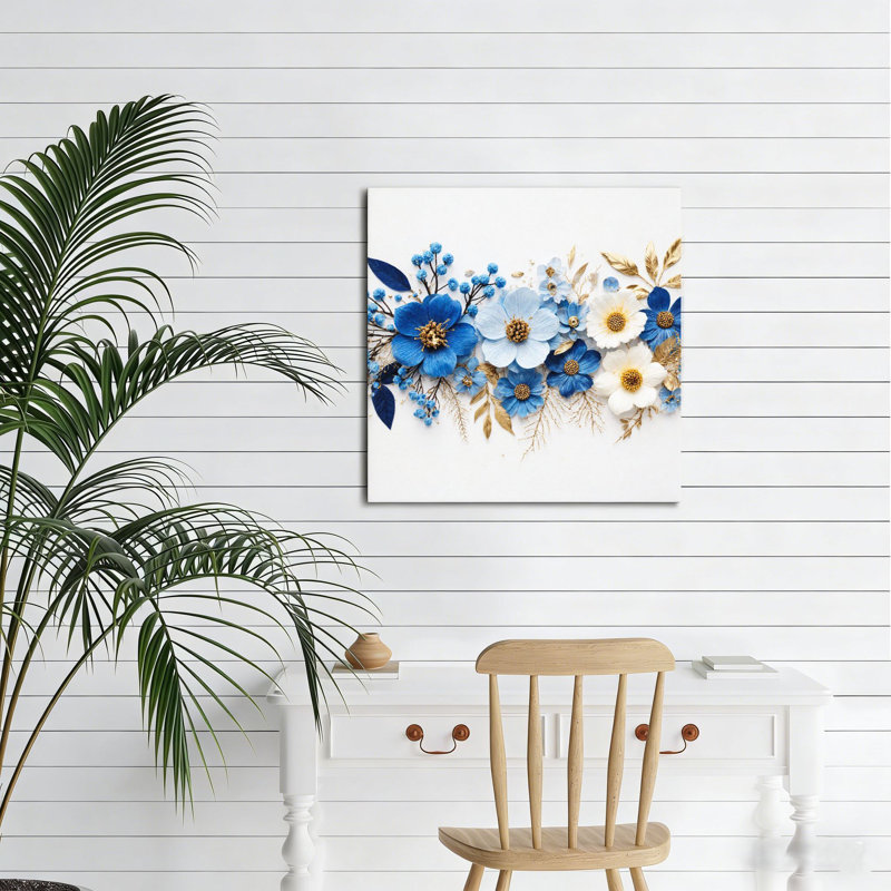 Arrangement floral bleu et blanc, cadre en bois intégré, 16 x 16 po