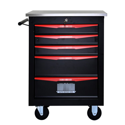 Chariot à outils 4 po à 5 tiroirs - Métal robuste noir et rouge pour utilisation dans le garage multifonctionnel 5 avec roues en acier thermolaqué +