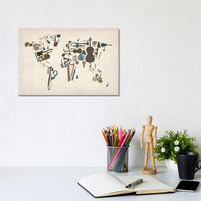 Musical Instruments Map Of The World by Michael Tompsett - Wrapped Canvas Painting, 20.32 cm H x 30.48 cm W