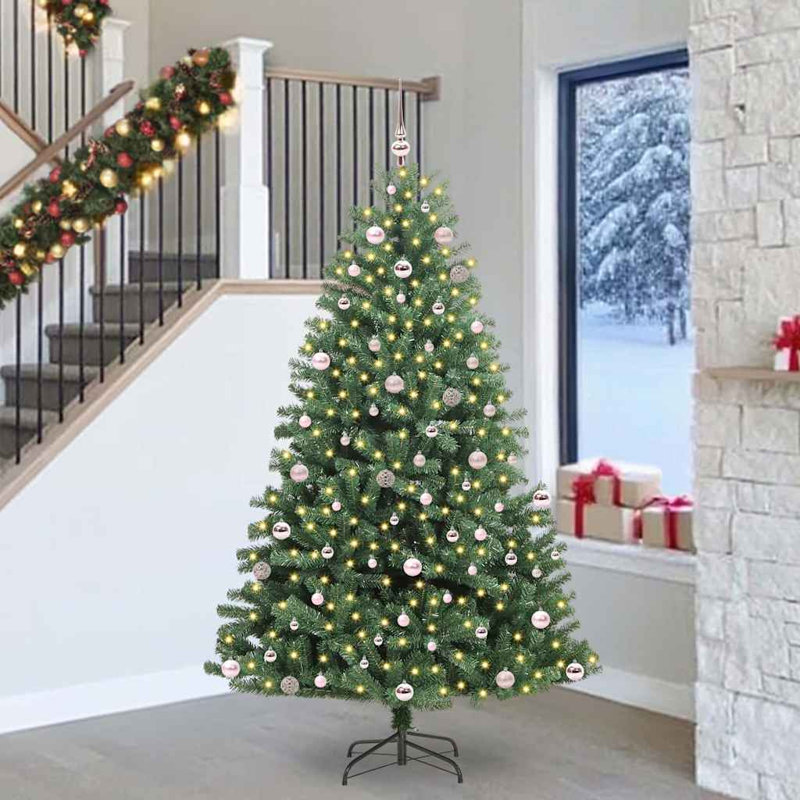 Artificial Hinged Christmas Tree Green PVC and Metal, 150 cm, with Leds & Pink Balls, Green