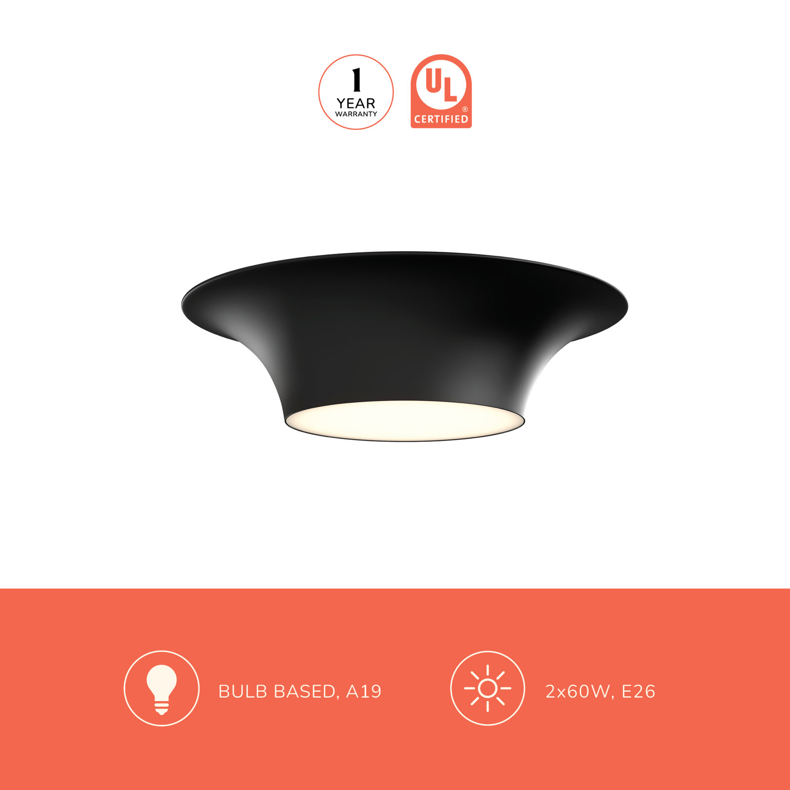 Alexia 2 Light Glass Flush Mount, Matte Black, 4.88" H x 16" W x 16" D