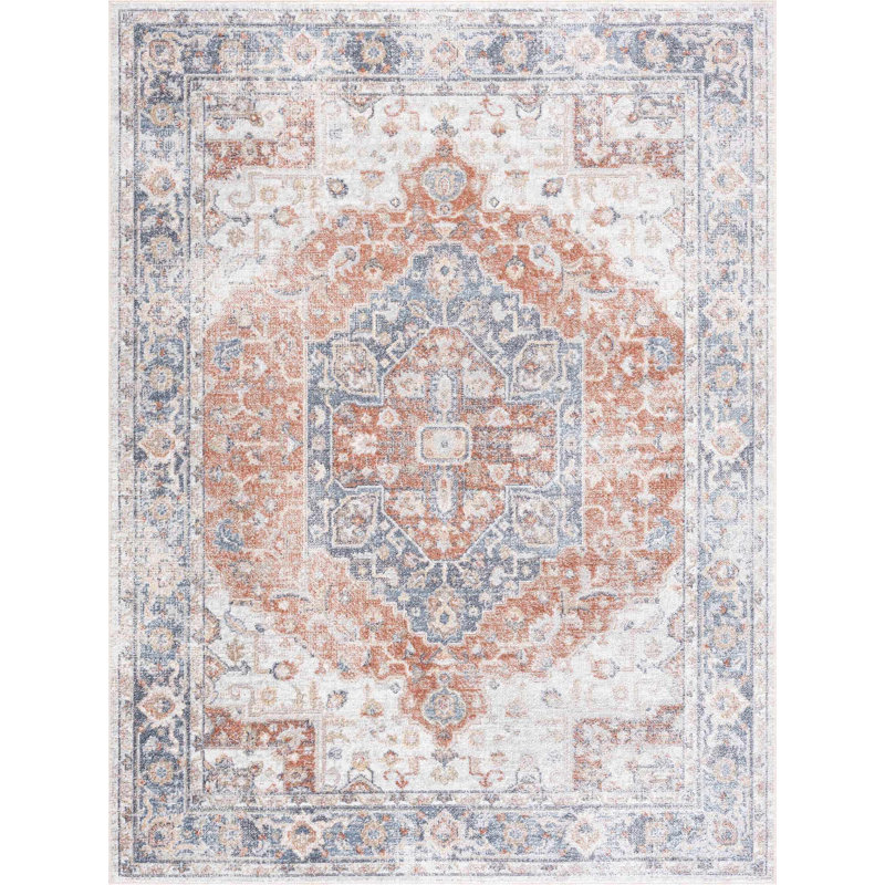 Brookdene Oriental Machine Washable Orange/Gray Area Rug, Rectangle 5'3" x 7'