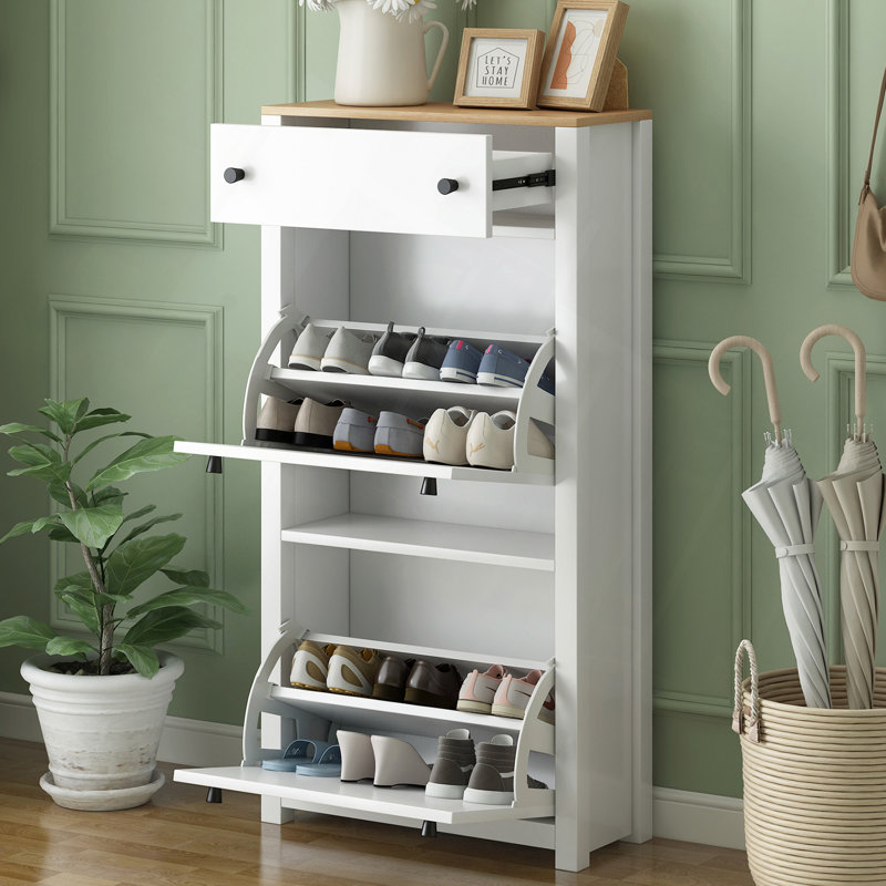 Shoe Storage, Functional Entryway Organizer With 2 Flip Drawers, Wood Grain Pattern Top Shoe Cabinet With Drawer, Free Standing Shoe Rack With Adjustable Panel For Hallway