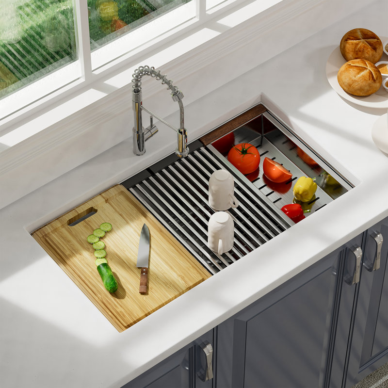 Deervalley 30" L Undermount Workstation Single Bowl Stainless Steel Kitchen Sink With Colander, Cutting Board, Strainer And Dish-Drying Rack, DV-1K0448