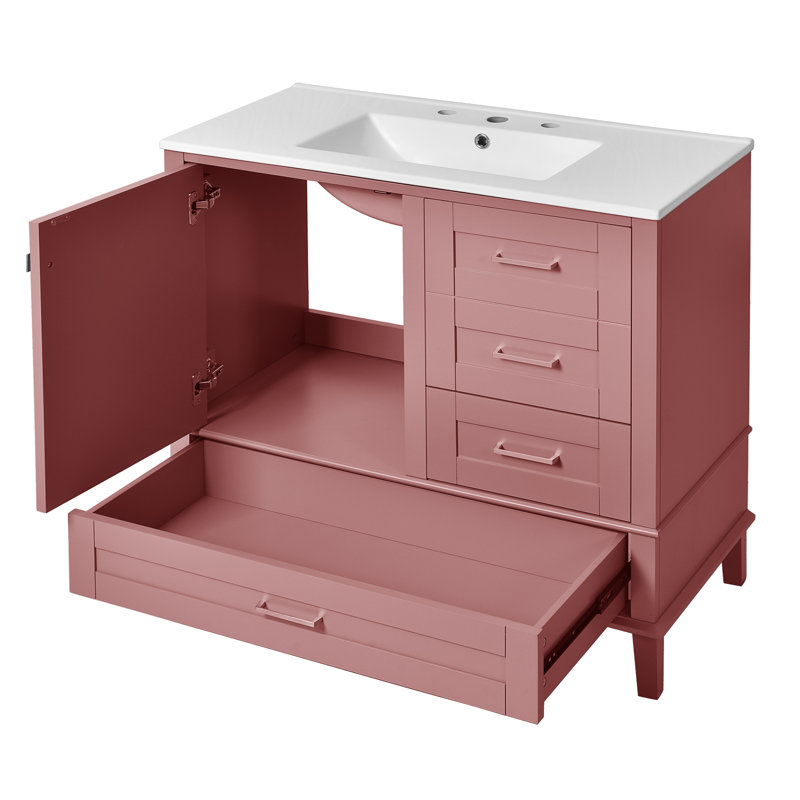 36 " W Freestanding Standard Free Standing Single Double Single Vanity Bathroom Vanity With Ceramic Top, Red