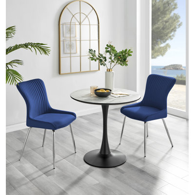 Eubanks White Marble Effect Melamine Round 80cm Dining Table And Chairs - 2 Velvet Dining Chairs