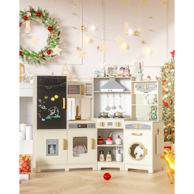 Wooden Corner Play Kitchen, Kitchen Playset With Stove & Range Hood W/lights & Sounds, Sink, Faucet, Ice Maker And Washing Machine, 6-piece Toy Set Age 3+(cream)