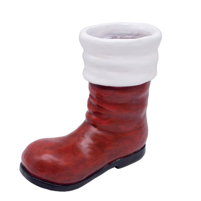 Large Resin Rustic Santa Boot Planter with Drain, Planter Pots, Red, Resin, Christmas, Garden