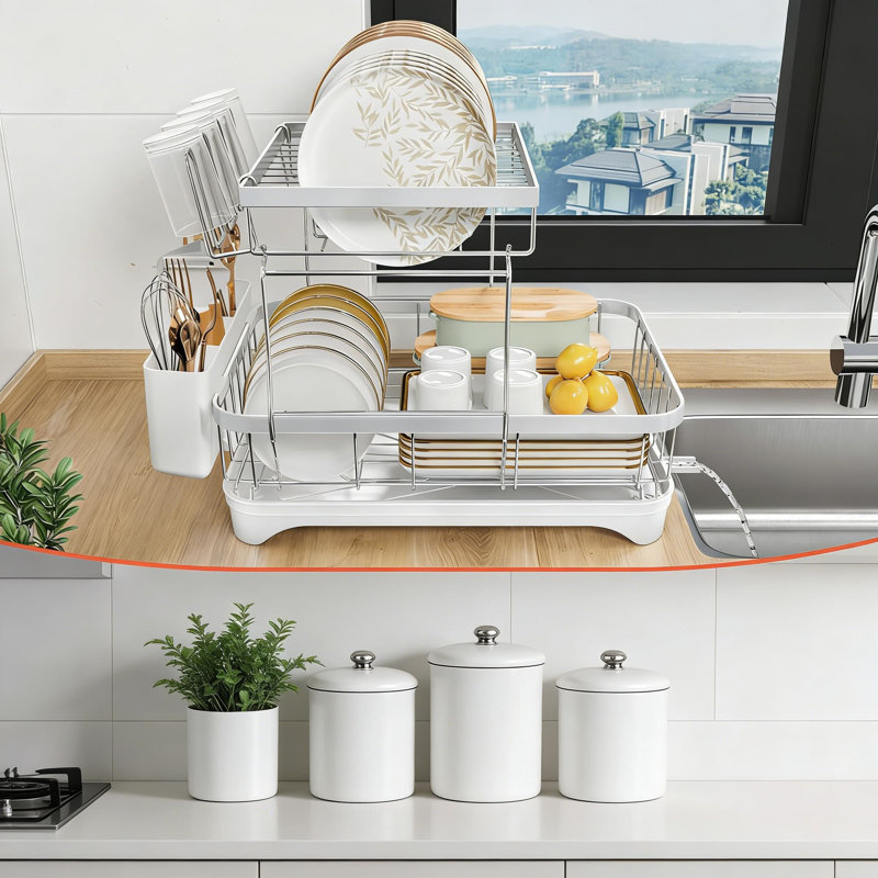 2-Tier Stainless Steel Dish Drying Rack With Adjustable Drainage Board, Removable Cup And Utensil Holders For Kitchen Counter Space Saving