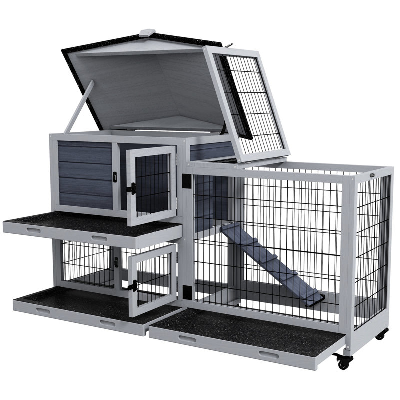 Grande cage avec plateau coulissant et durable, 59,8 po x 20,9 po x 39,2 po, gris, pour un espace de vie extérieur spacieux, protège les lapins des intempéries