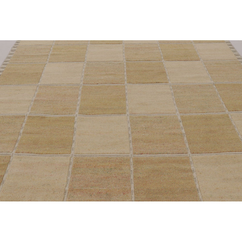 Rug & Kilim’S Scandinavian Rug, Geometric Pattern In Gold And Beige, Rectangle 12' x 18'