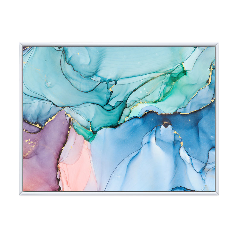 «Green and Blue Tender Liquide Art IV», reproduction sur toile, H 30 po x l 40 po, Cadre flottant blanc