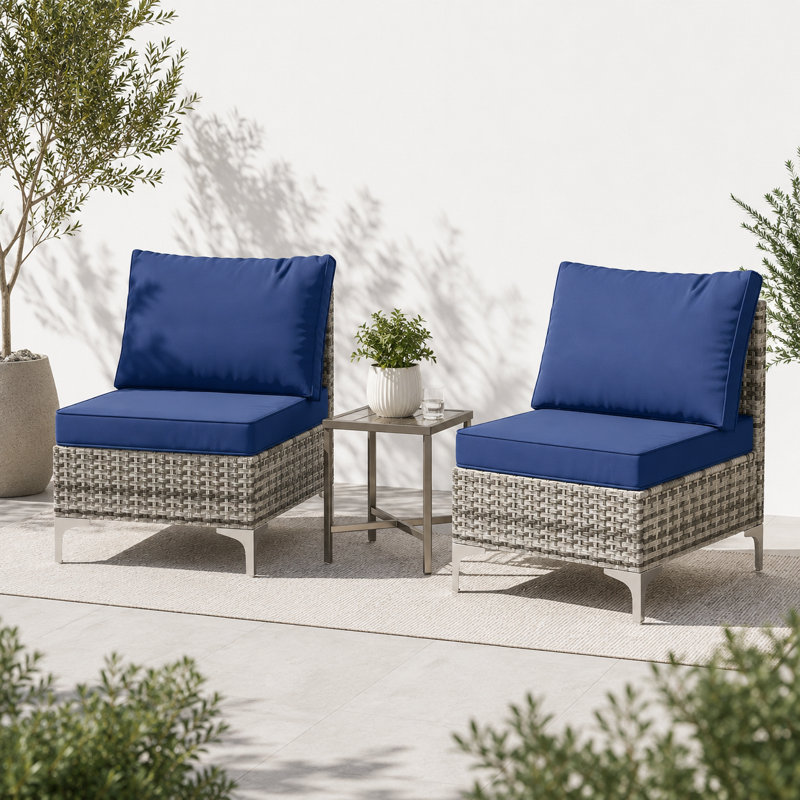2-Piece Premium Wicker Patio Armless Chairs, Gray, Blue
