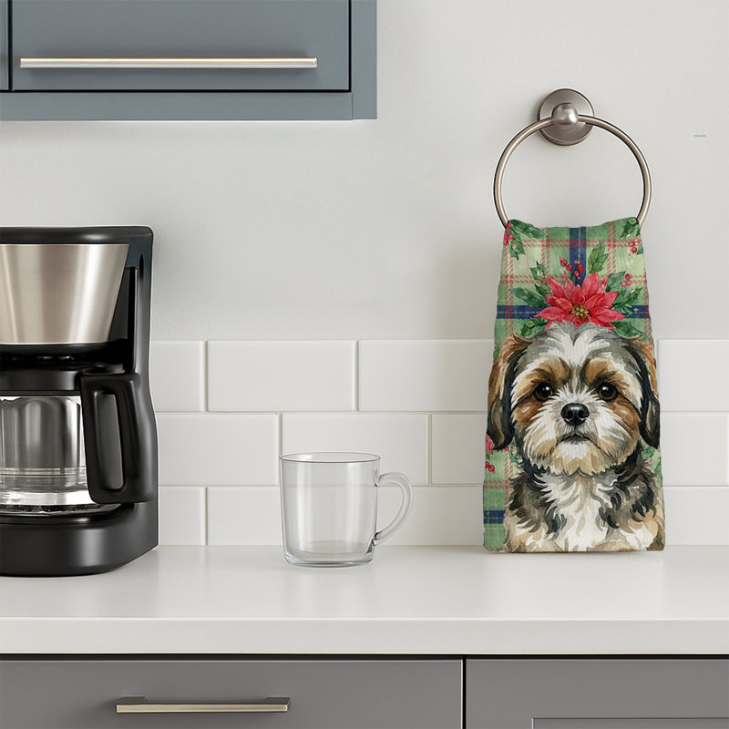 Brindle Shih Tzu Christmas PoinsettIas Kitchen Towel, Brindle Shih Tzu