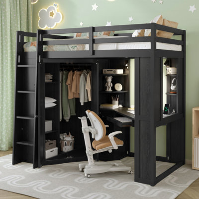 Loft Bed With Integrated Large Wardrobe And Desk, All-In-One Space-Saving High Bed With Pull-Out Keyboard Tray, Charging Station And Dual Metal Spotlights