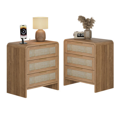 Set Of 2 Caramel Oak Rattan Nightstands With 3 Drawers, 22.8" Wide Curved Wooden Bedside Tables For Modern Bedroom Storage
