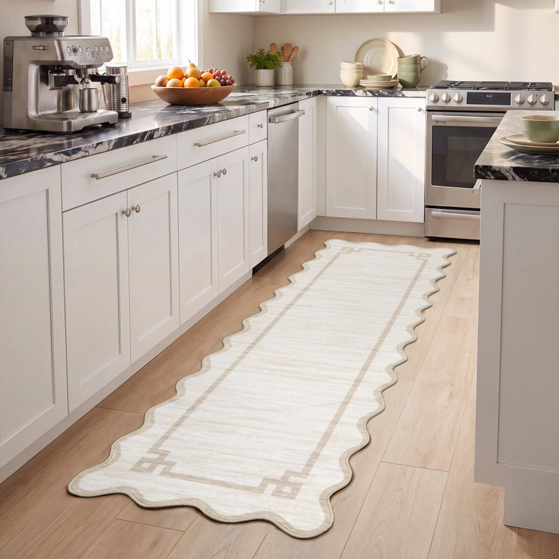 Tapis moderne à bordure lavable pour salon, chambre, couloir, Beige, 2 x 6 pi