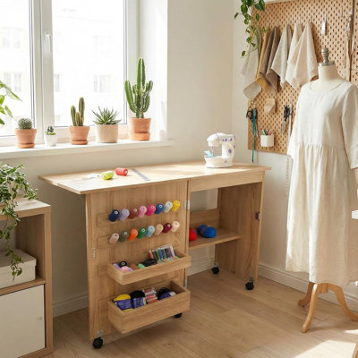 Folding Sewing Table, Sewing Machine Table with Compact Design, Multipurpose Craft Station & Side Desk with Lockable Wheels, Storage Shelves, Storage Trays, Pegs, Magnetic Locks