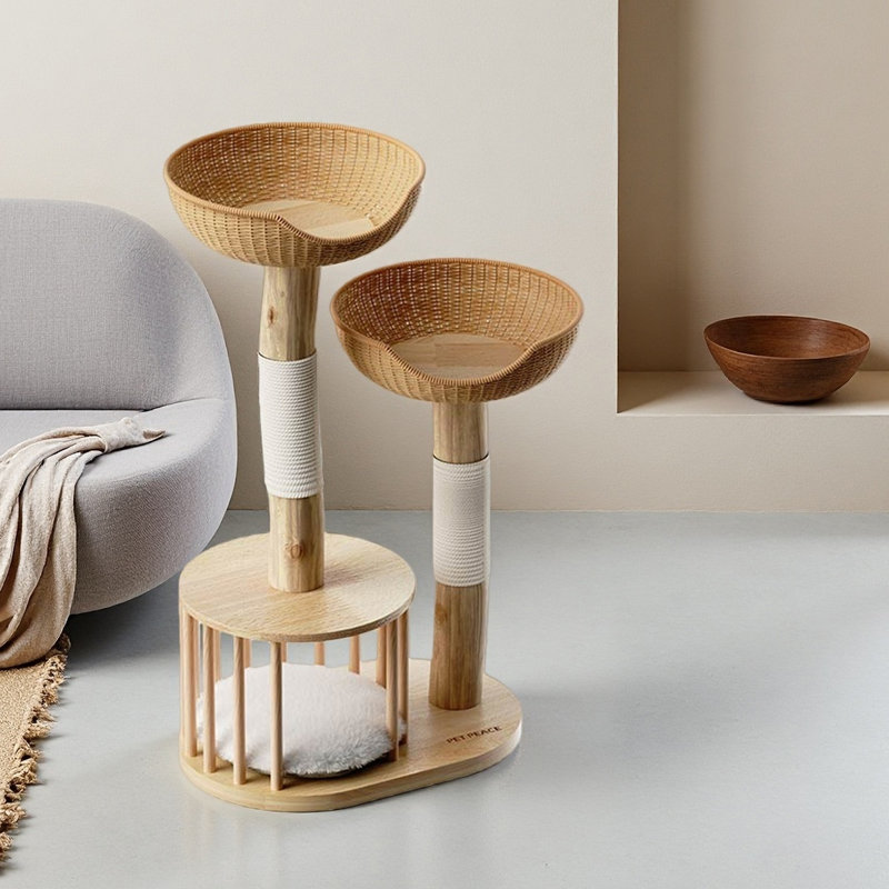 Solid Wood And Rattan Cat Tree