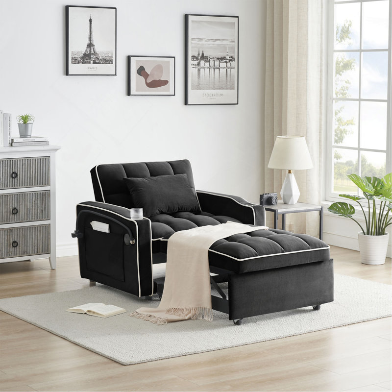 1 canapé-lit pliable polyvalent en 3 longueurs, 1 canapé-lit moderne en velours coulissant, un dossier réglable et un port USB, un cendrier et un support pour téléphone pivotant