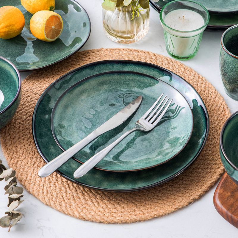 ?16 Piece Dinnerware Set, Service for 4, Grey/Green