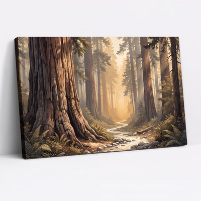 Arbres géants et ruisseau dans une forêt à la lumière dorée - Tableau sur toile