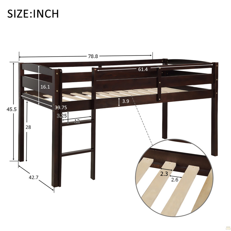 Lit simple mezzanine en bois Lit mezzanine bas avec échelle, lit simple, Espresso