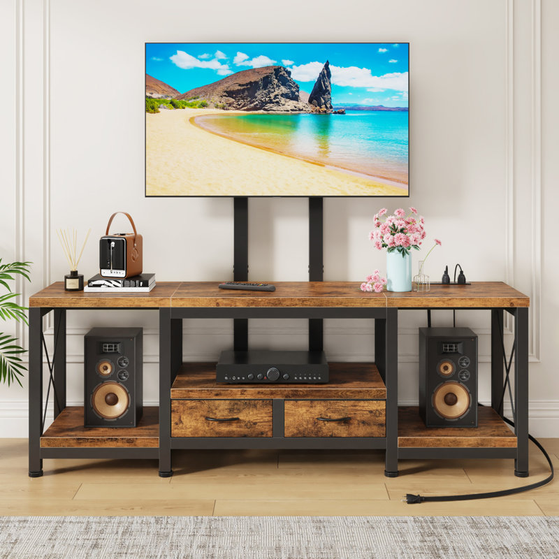 Tv Stand with Adjustable Mount for 32-70 Inch TVs, Media Console with Power Outlets, Fabric Drawers & LED Lights