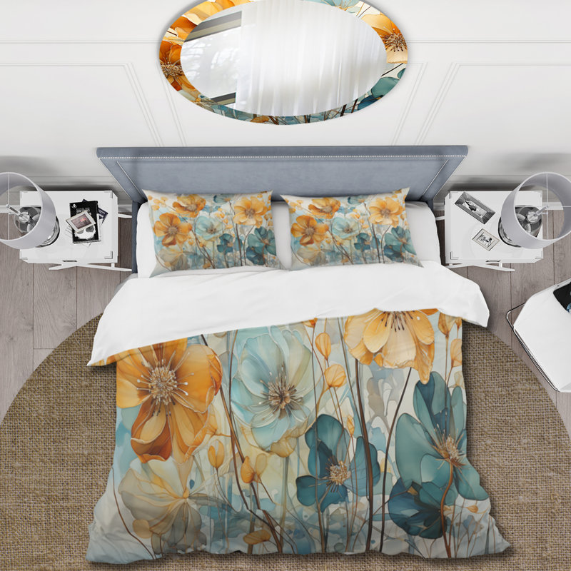 Teal Orange Botanical Fragments I - Ensemble de housse de couette Abstract Botanicals - Polyester en microfibre