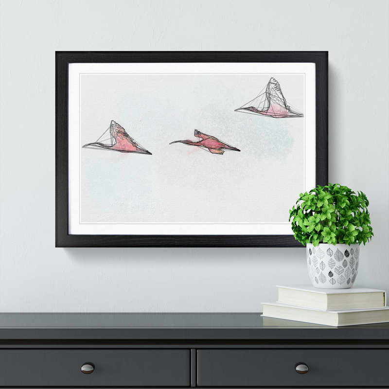 Three Pink Flamingos in Abstract - Framed Print, 40cm H x 60cm W x 2cm D, Black