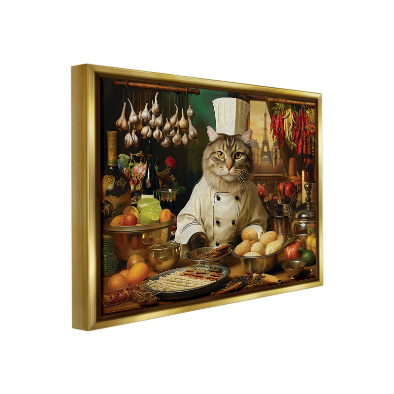 " Cat Chef In Kitchen " by Michael David Ward, Metallic Gold Floater Frame, 17" H x 21" W