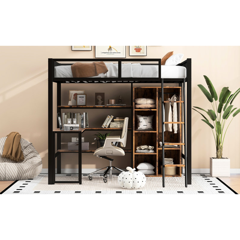 Lit mezzanine double en métal avec bureau intégré, garde-robe et tablettes
