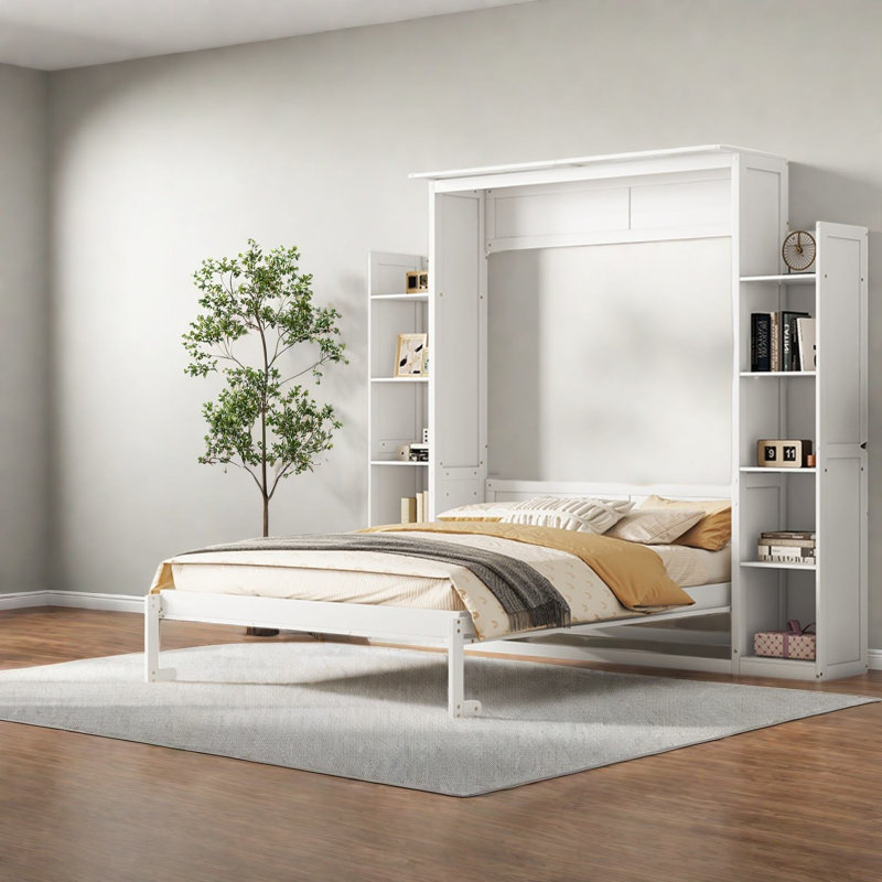 Grand lit escamotable avec rangement et panneau mural en bois aggloméré moderne