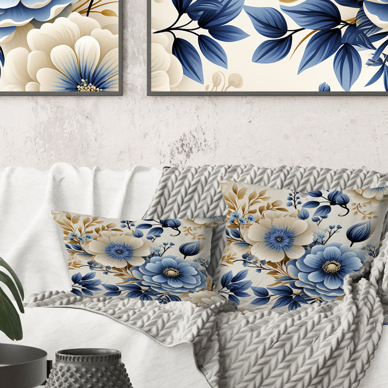 Classic Blue Harmony Bouquet - Floral Printed Throw Pillow, 16"H x 16"W