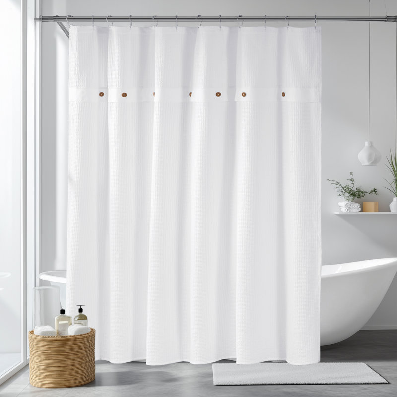 White Cotton Waffle Weave Shower Curtain with Button Accents