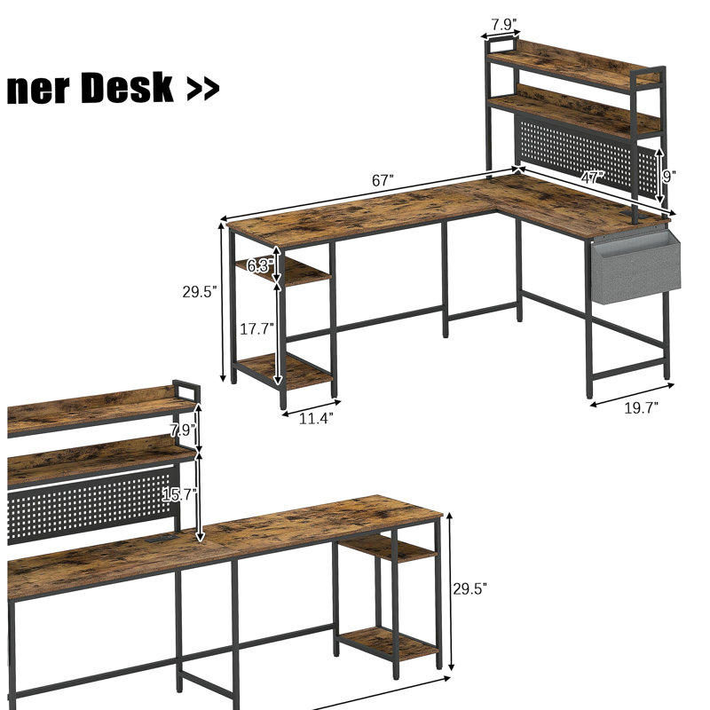 Bureau en L, bureau d'ordinateur en coin réversible avec prise de courant et lumière DEL, bureau de jeu avec tablette de rangement et support pour écran, brun rustique