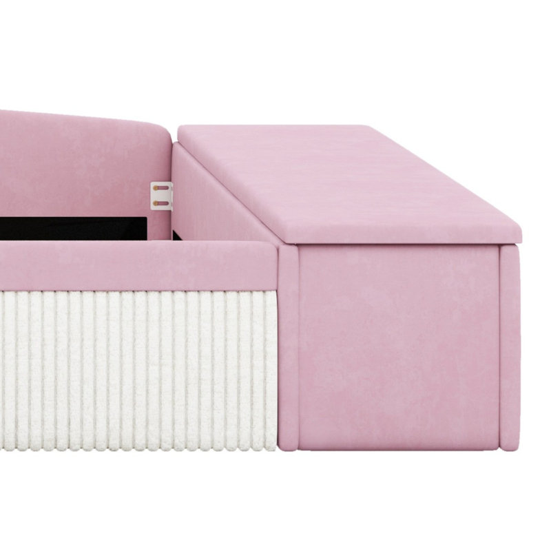Lit de jour rembourré avec escalier intégré, repose-pieds avec vérin à gaz et garde-corps de sécurité, Queen, Pink+White