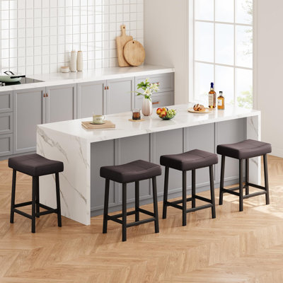 24 Inch Backless Saddle Barstools Set Of 4, Counter Height Upholstered Padded Barstools With Curved Surface, Metal Leg And Footrest, For Kitchen Counter, Home Bar (Grey, 24 Inch-Set Of 4)