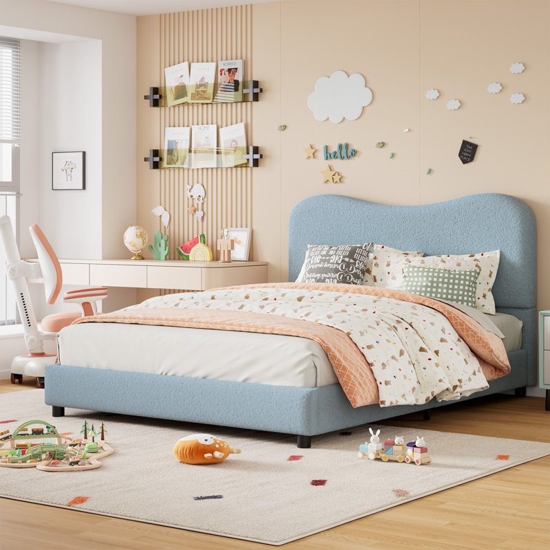 Bed Frame For Kids With Velvet Upholstered Headboard, Cute Low Profile Platform Bed, Blue, Full 
