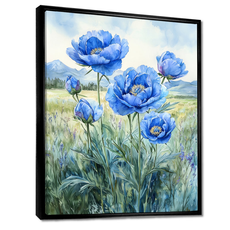 Océan bleu pivoines dans le champ I - pivoines, reproductions encadrées, Noir, Reproduction avec cadre flottant