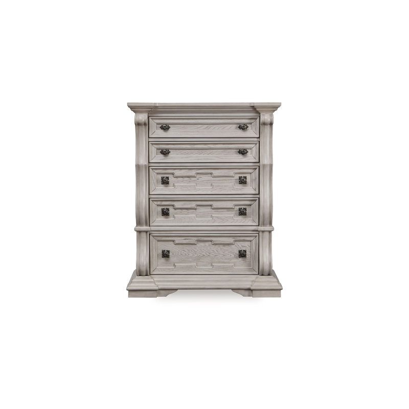 Grande commode Bryl, 5 tiroirs avec boutons en bronze, blanc antique