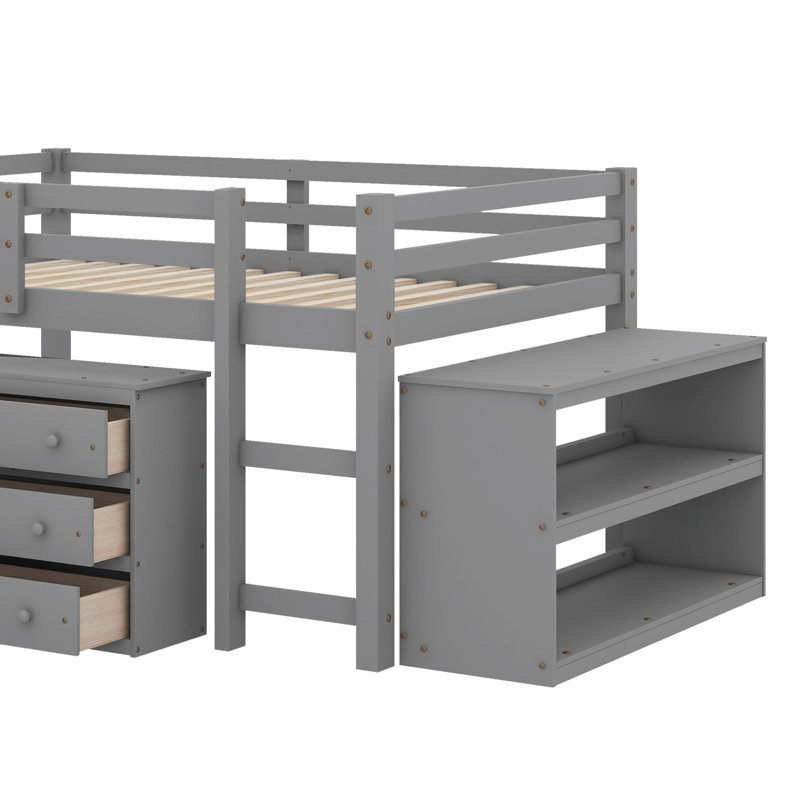 Lit mezzanine bas bas avec commode, tablettes et bureau, lit multifonctionnel, Gris
