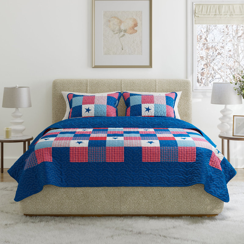 Plymouth Home 3-Piece Caroline Patriotic Quilt Set - Americana Stars and Plaid Patchwork Bedding - Full/Queen Bed Spread with 2 Pillow Shams